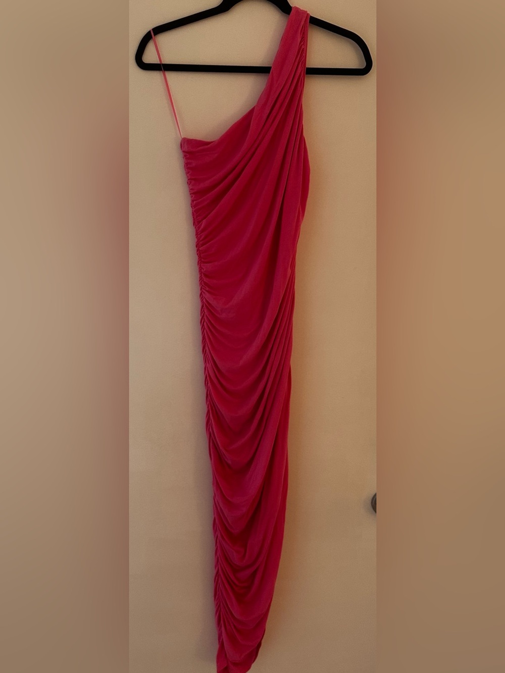 One-Shoulder Pink Ruched Midi Dress - Picture 3 of 4